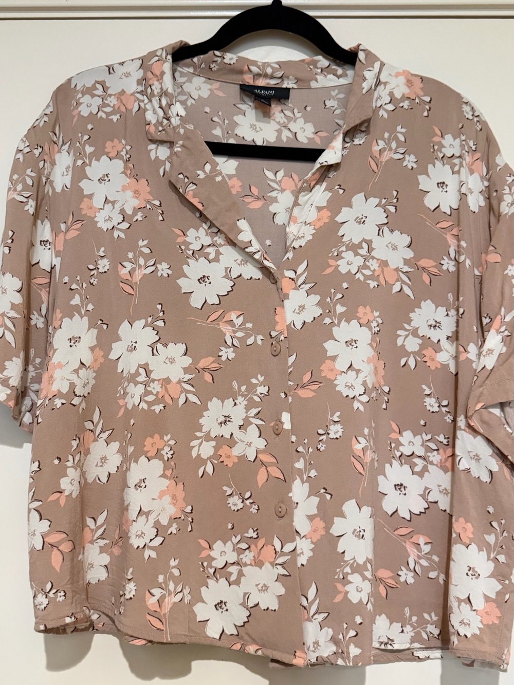 Alfani Taupe Floral Button-Front Blouse with Pink Accents